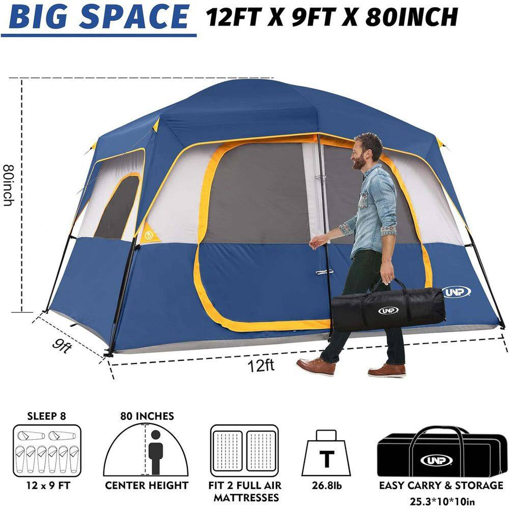 8-Person Dark Blue Camping Tents Easy Set Up-Portable Dome Tents Waterproof Windproof Tent with Rainfly for Camping
